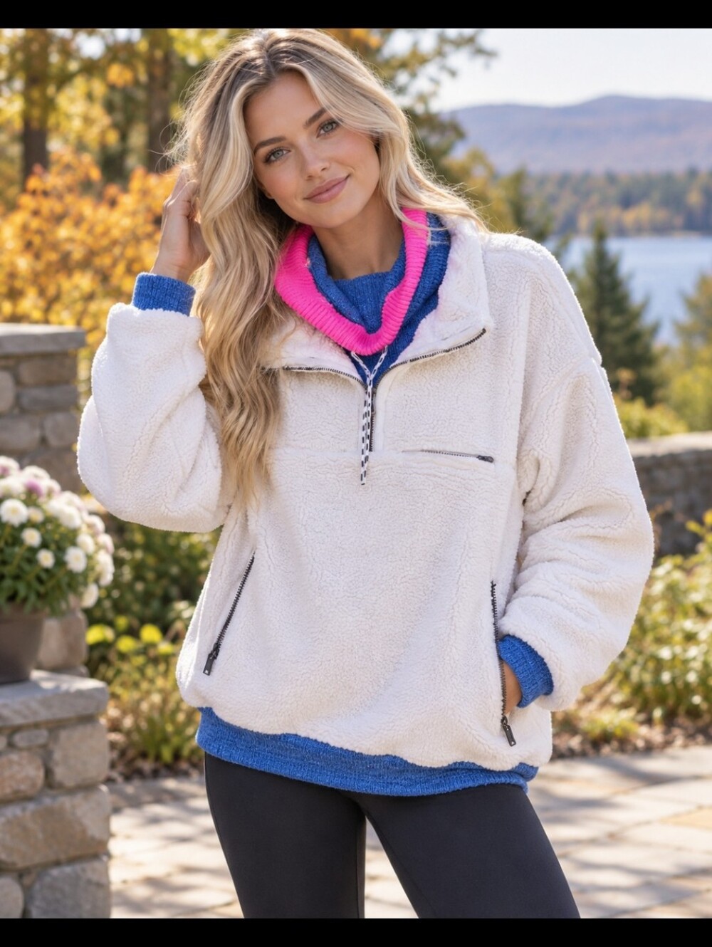 FP Movement by Free People White and Blue Sweater